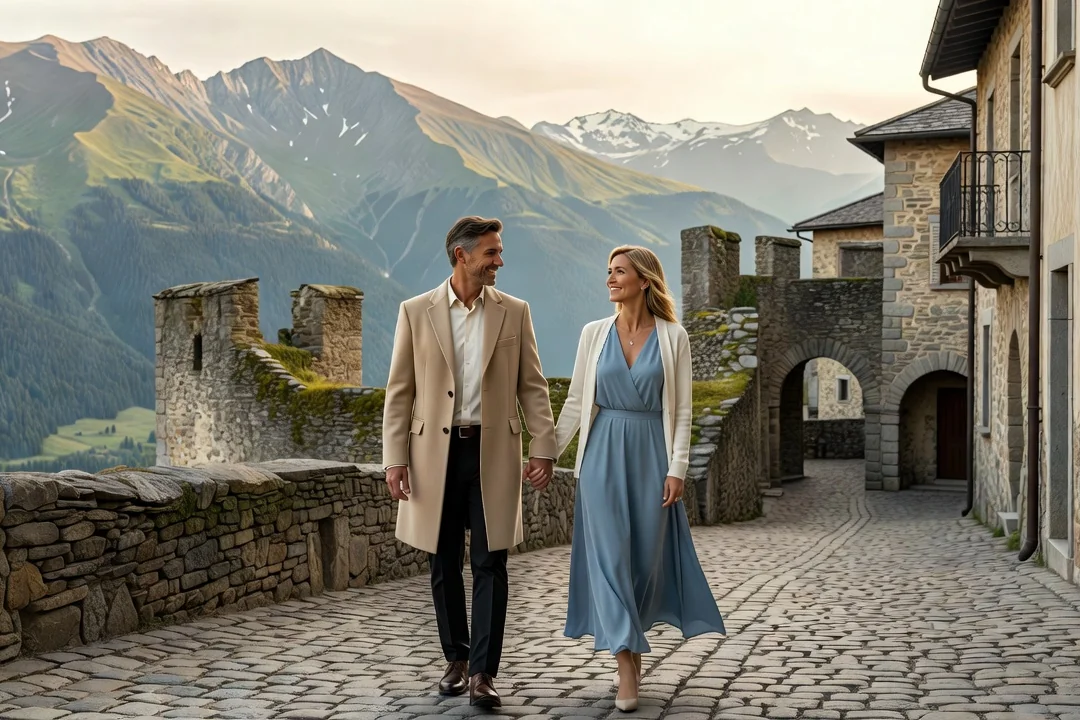 Couple se promenant dans la cité médiévale de Conflans au-dessus d'Albertville