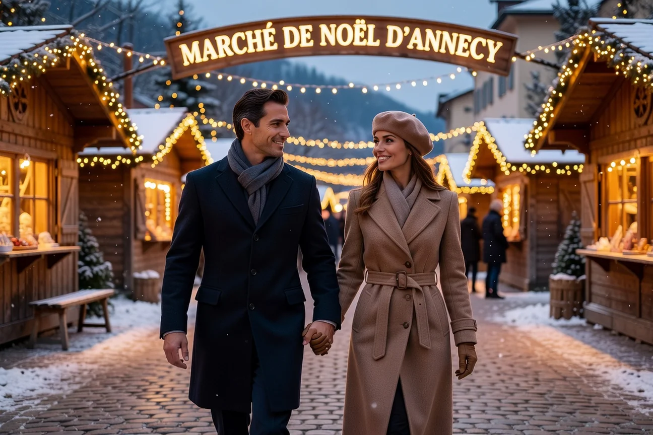 Couple adulte élégant marchant dans un marché de Noël illuminé d'Annecy en soirée