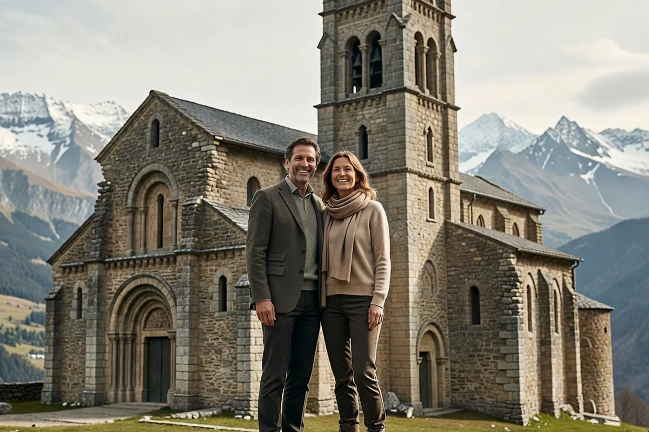 Couple adulte souriant devant la cathédrale de Saint-Jean-de-Maurienne en Savoie