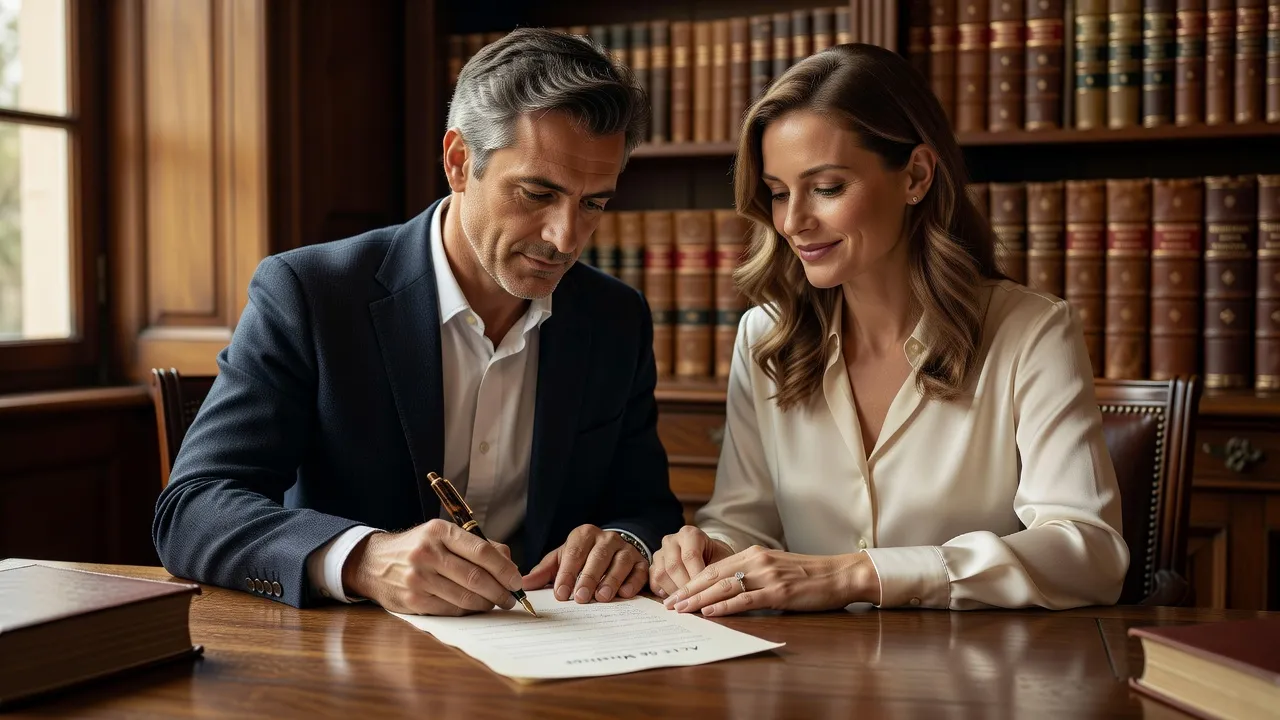 Couple mixte signant un contrat de mariage chez un notaire en France